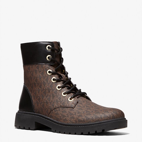 BRAND NEW BROWN MICHAEL KORS Alistair Signature Logo Combat Boots SIZE 9 9.5 - Picture 1 of 5